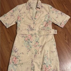 Solitare Floral Eyelet Pink Belted Button Down Dress with Belt Spring Size M